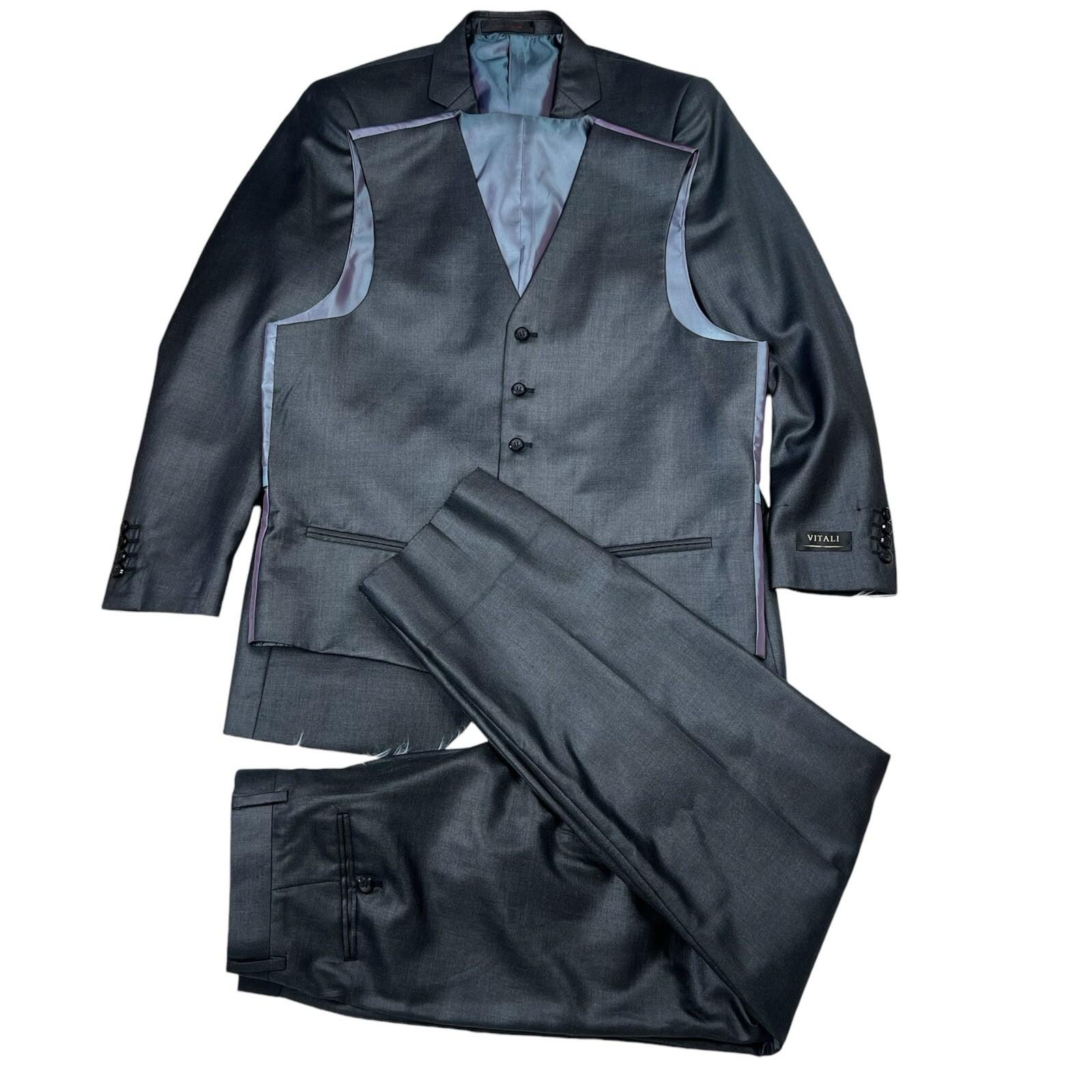 Vitali Men 3PC Suit 38R Pants 32x30 Vest Charcoal Sheen Soft Fabric Unhemmed
