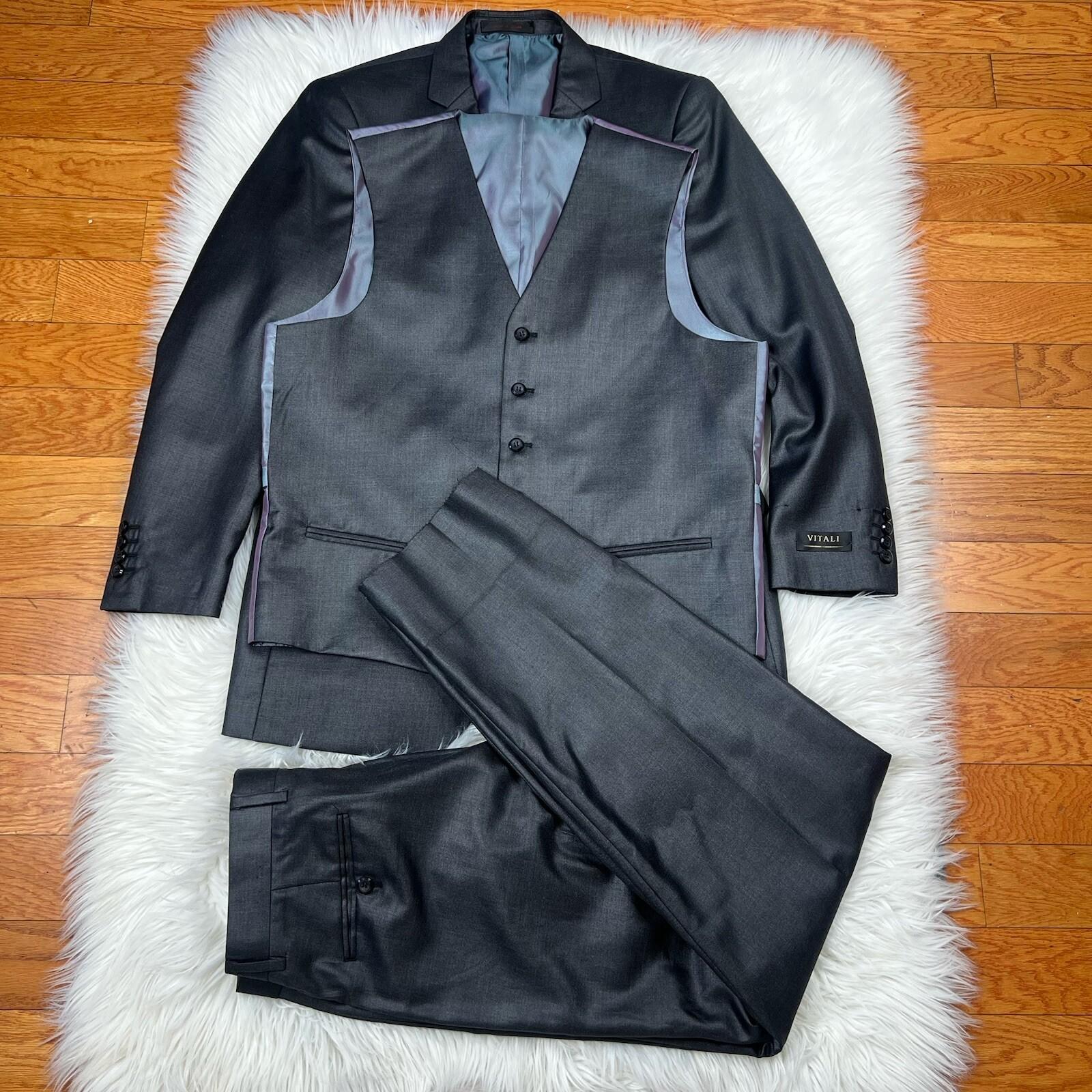 Vitali Men 3PC Suit 38R Pants 32x30 Vest Charcoal Sheen Soft Fabric Unhemmed