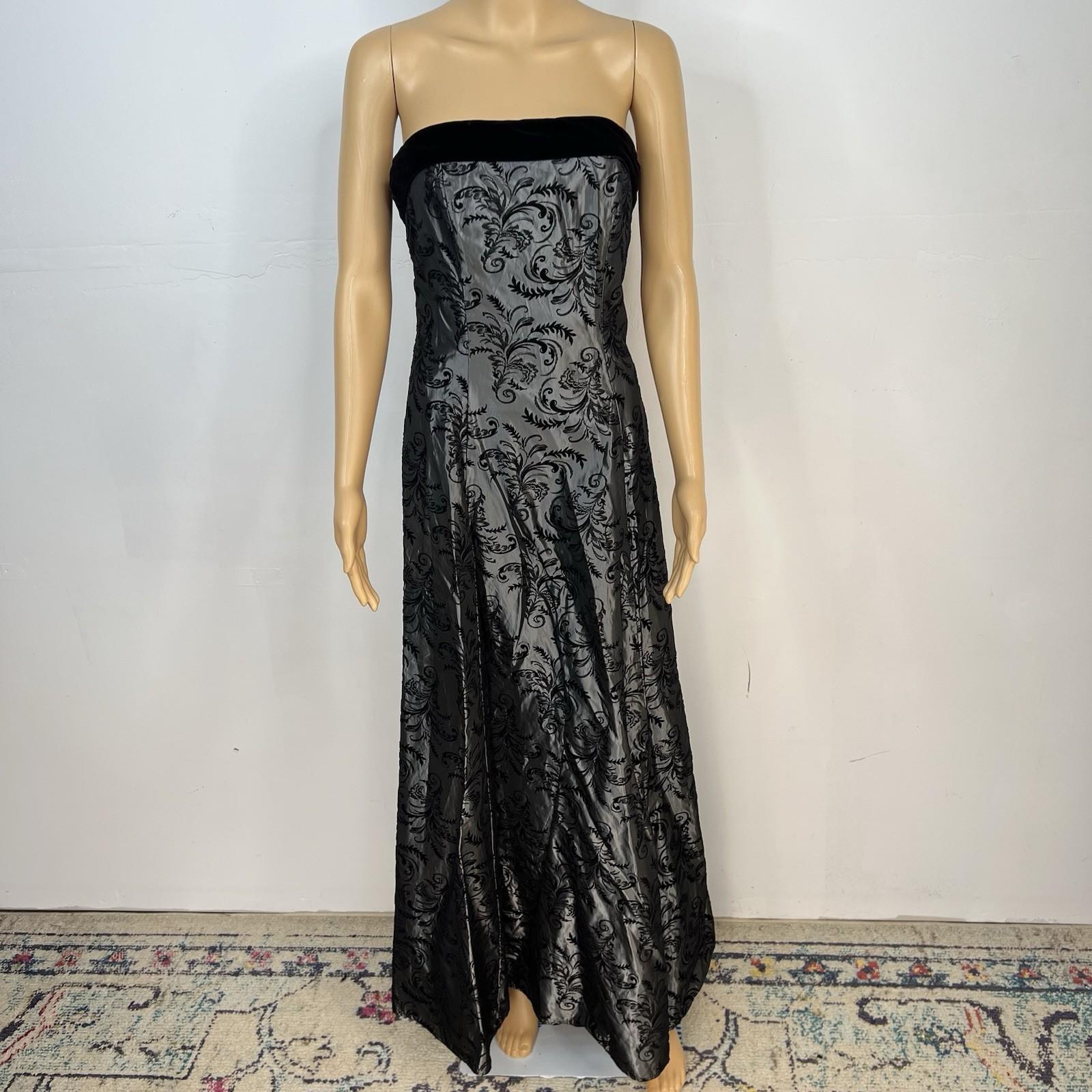 Dave & Johnny 90's Glam VTG Y2K Strapless Maxi Gown Size 4 Black Velvet Floral