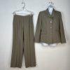 LE SUIT Polyester Pant Suit Size 6 Olive Green Striped Notch Collar Career 2PC