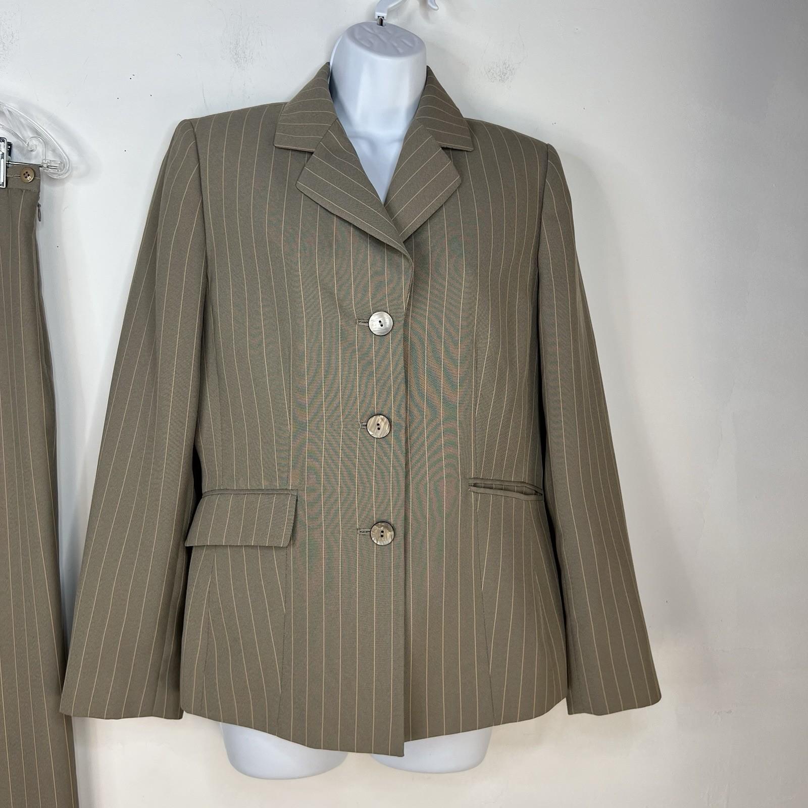 LE SUIT Polyester Pant Suit Size 6 Olive Green Striped Notch Collar Career 2PC