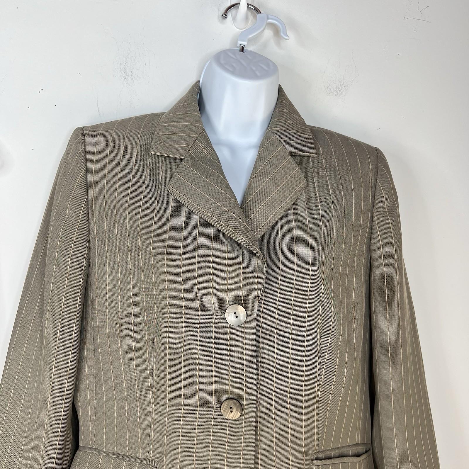 LE SUIT Polyester Pant Suit Size 6 Olive Green Striped Notch Collar Career 2PC