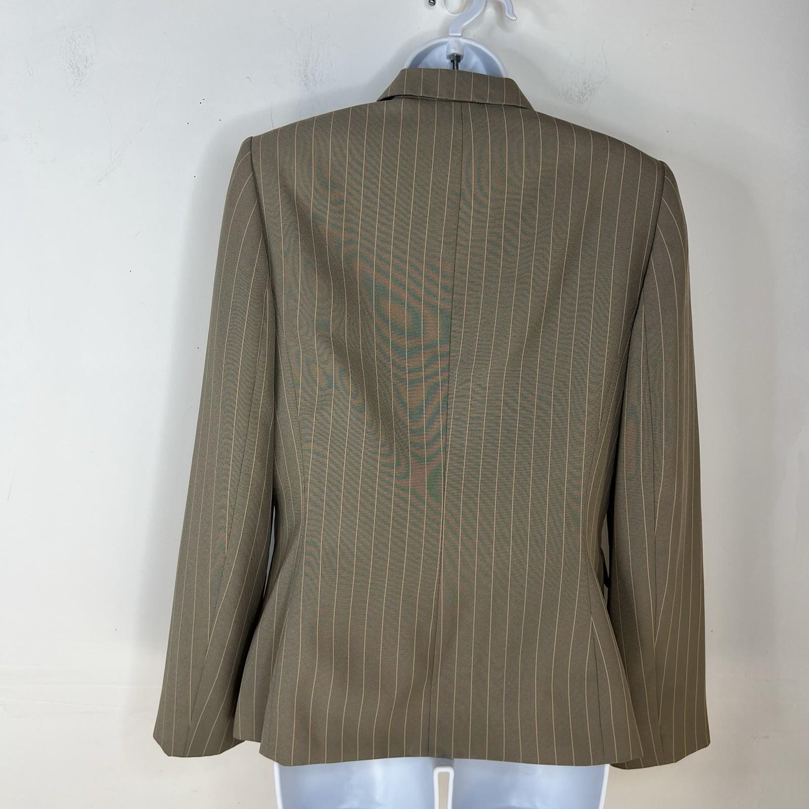 LE SUIT Polyester Pant Suit Size 6 Olive Green Striped Notch Collar Career 2PC