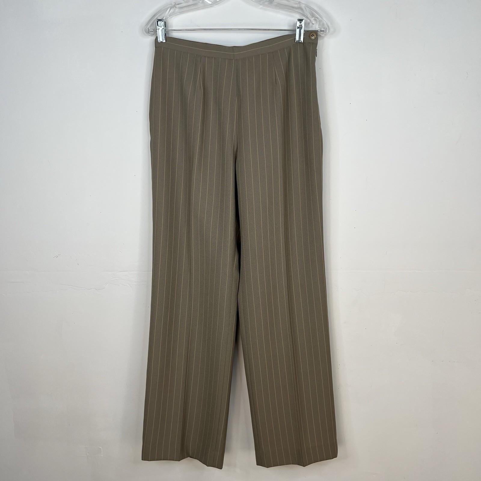 LE SUIT Polyester Pant Suit Size 6 Olive Green Striped Notch Collar Career 2PC