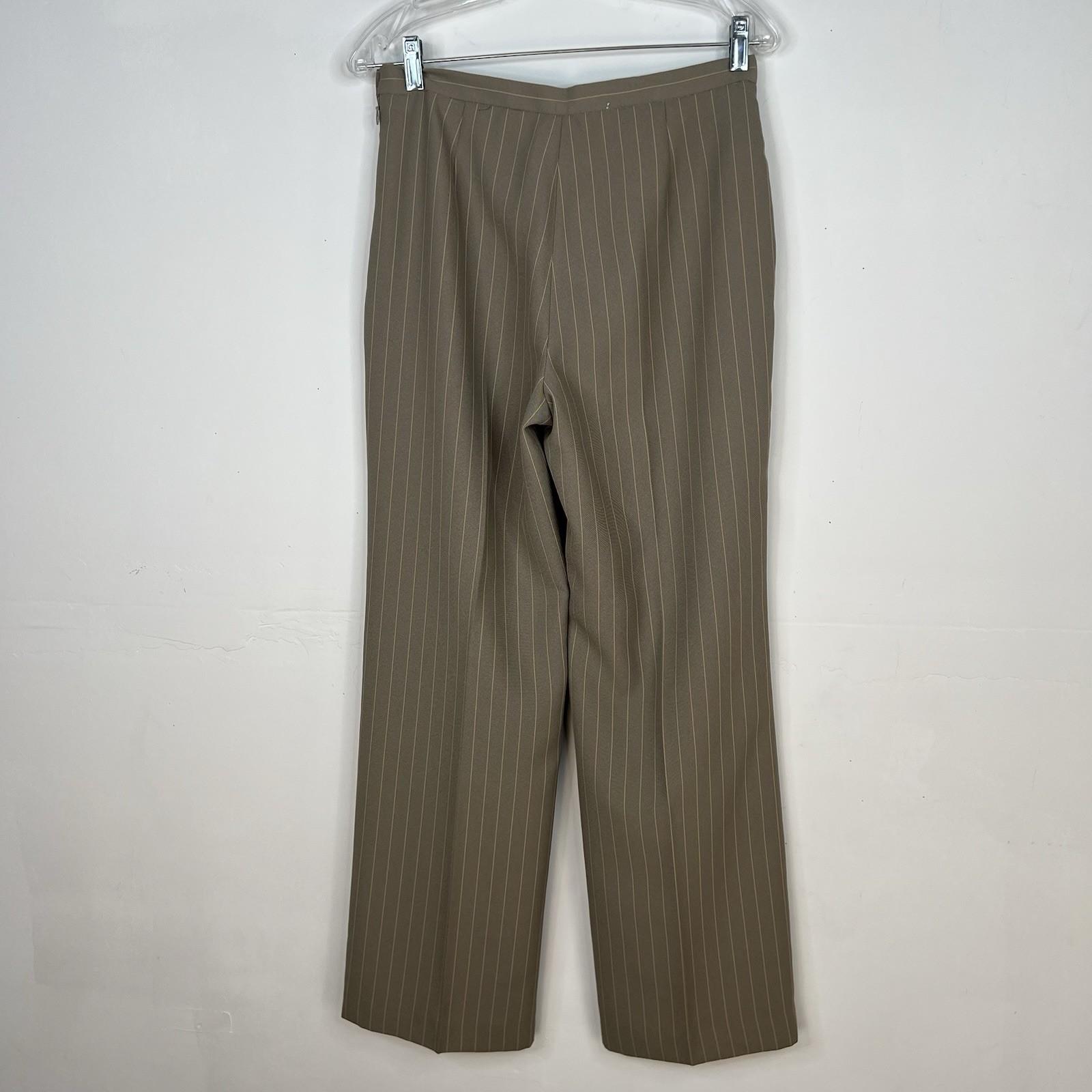 LE SUIT Polyester Pant Suit Size 6 Olive Green Striped Notch Collar Career 2PC