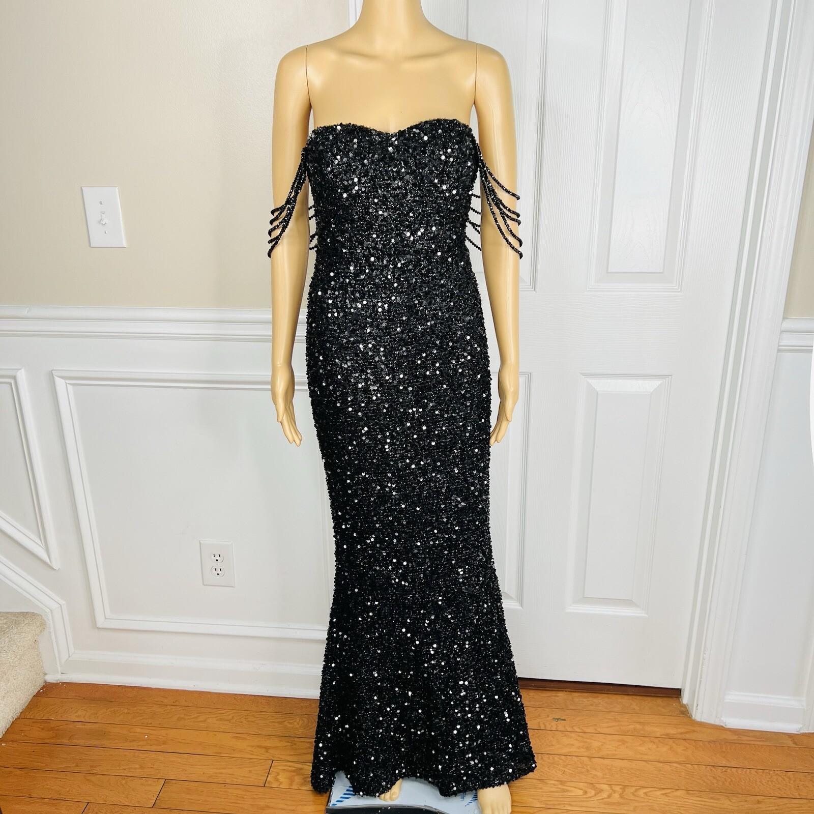 10-4470.jpg Love & Lemonade Sequin Evening Gown Size S Black Beaded Strapless Stretch Prom