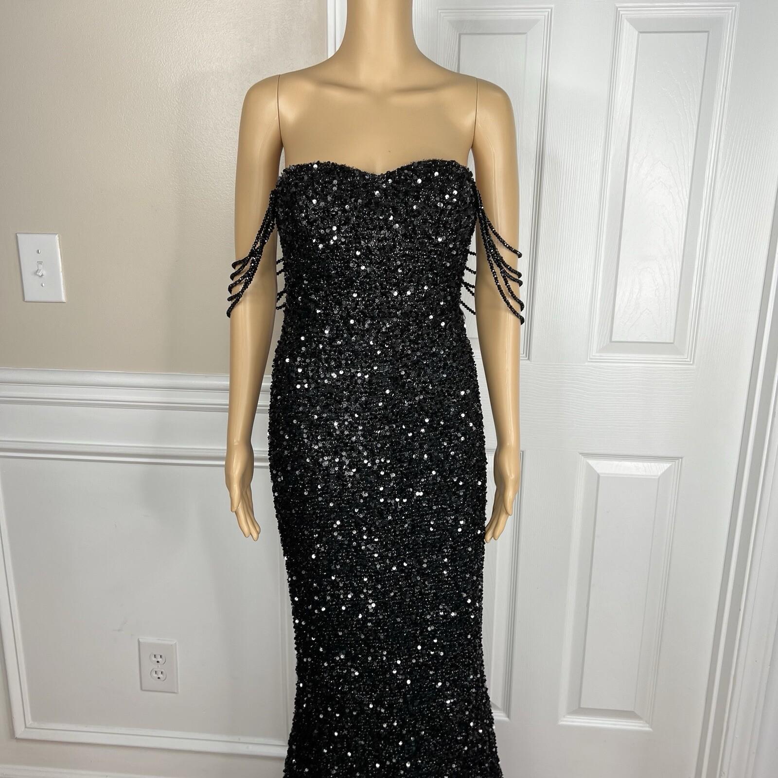 10-4471.jpg Love & Lemonade Sequin Evening Gown Size S Black Beaded Strapless Stretch Prom