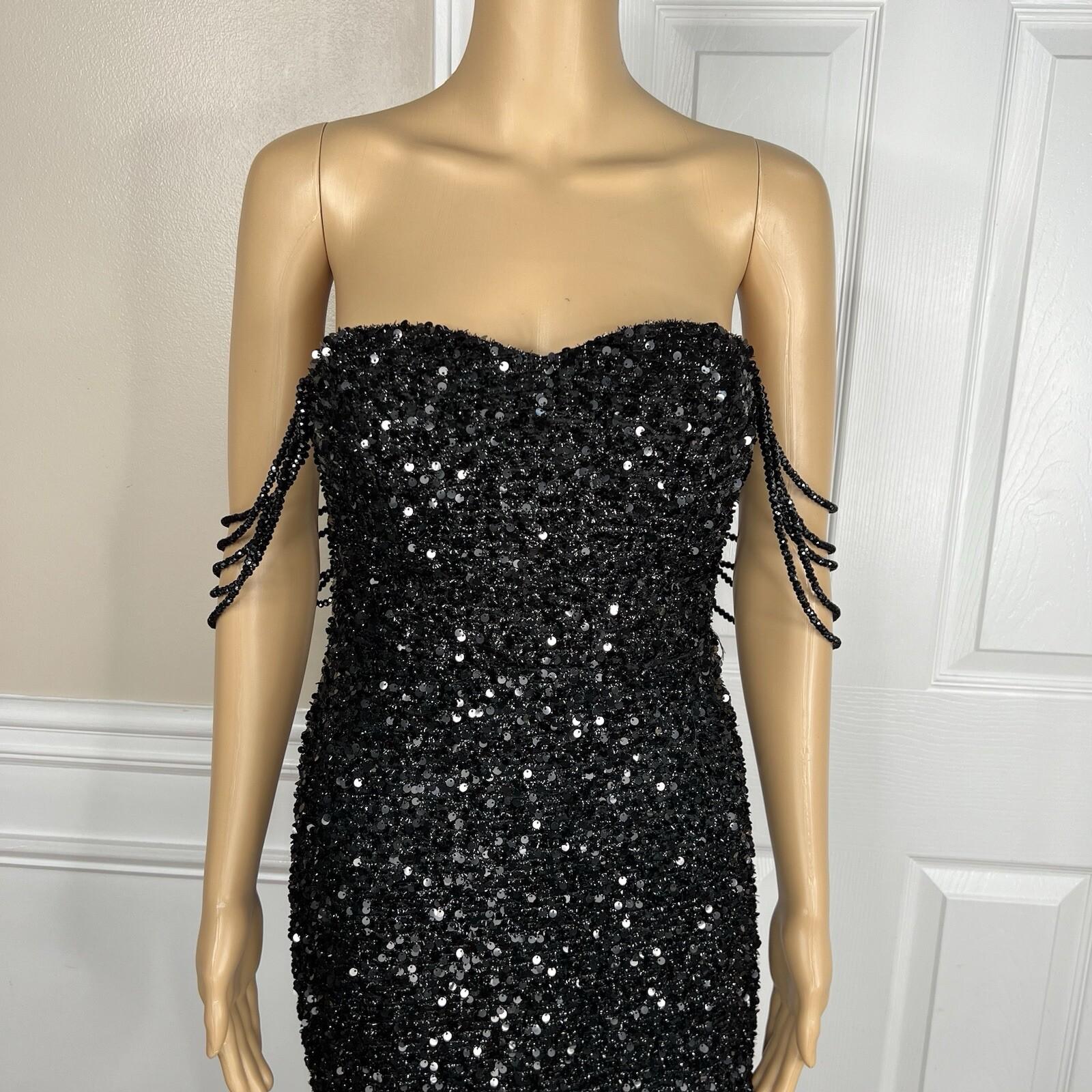 10-4472.jpg Love & Lemonade Sequin Evening Gown Size S Black Beaded Strapless Stretch Prom