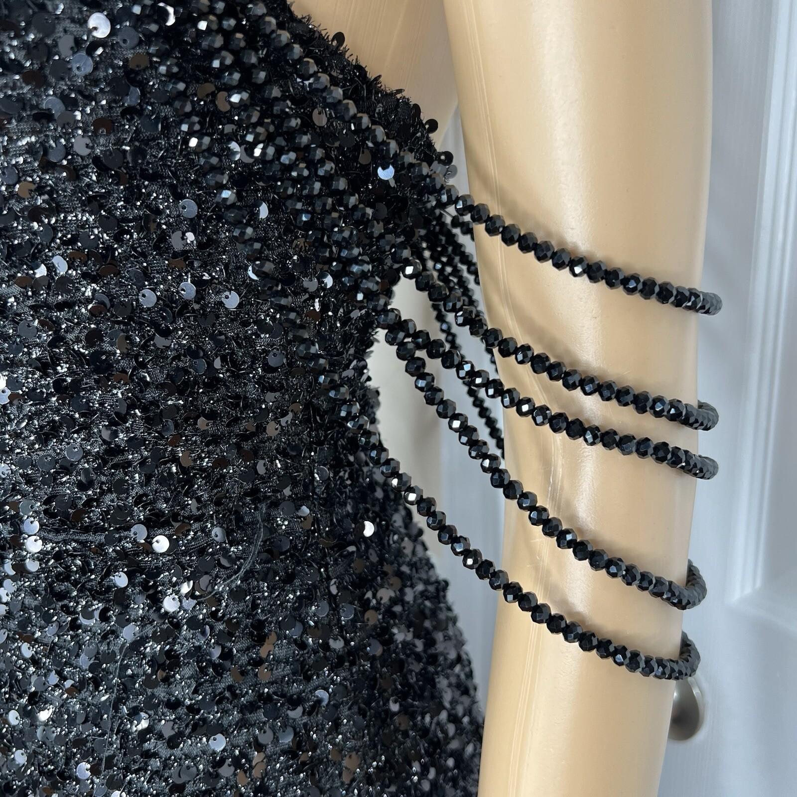10-4473.jpg Love & Lemonade Sequin Evening Gown Size S Black Beaded Strapless Stretch Prom