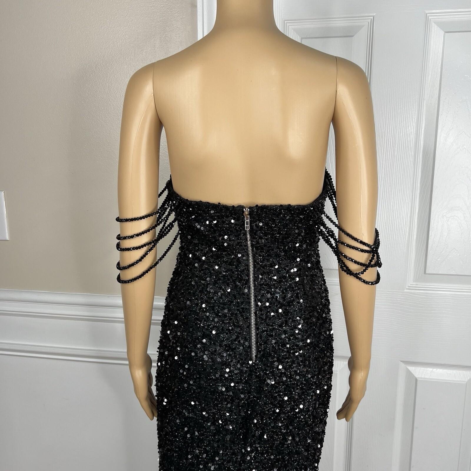 10-4476.jpg Love & Lemonade Sequin Evening Gown Size S Black Beaded Strapless Stretch Prom