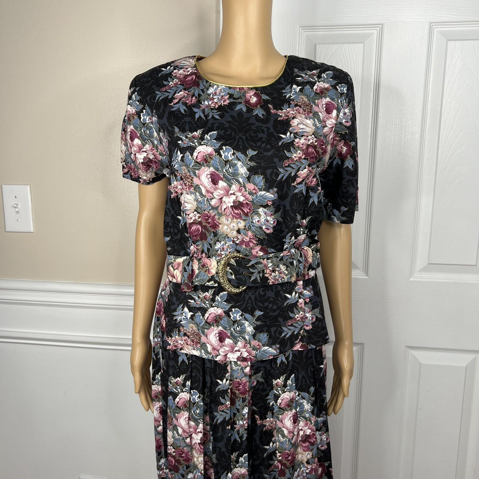 DBY USA Vintage 80s Cotton Rayon Dress Size 15/16 Floral Cowgirl Belted Pleated