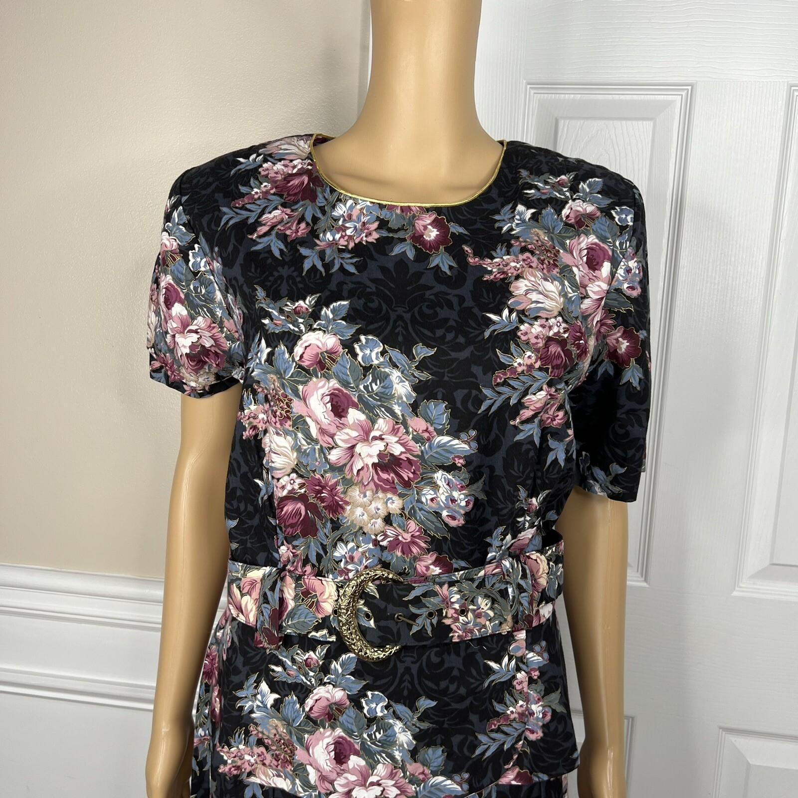 DBY USA Vintage 80s Cotton Rayon Dress Size 15/16 Floral Cowgirl Belted Pleated