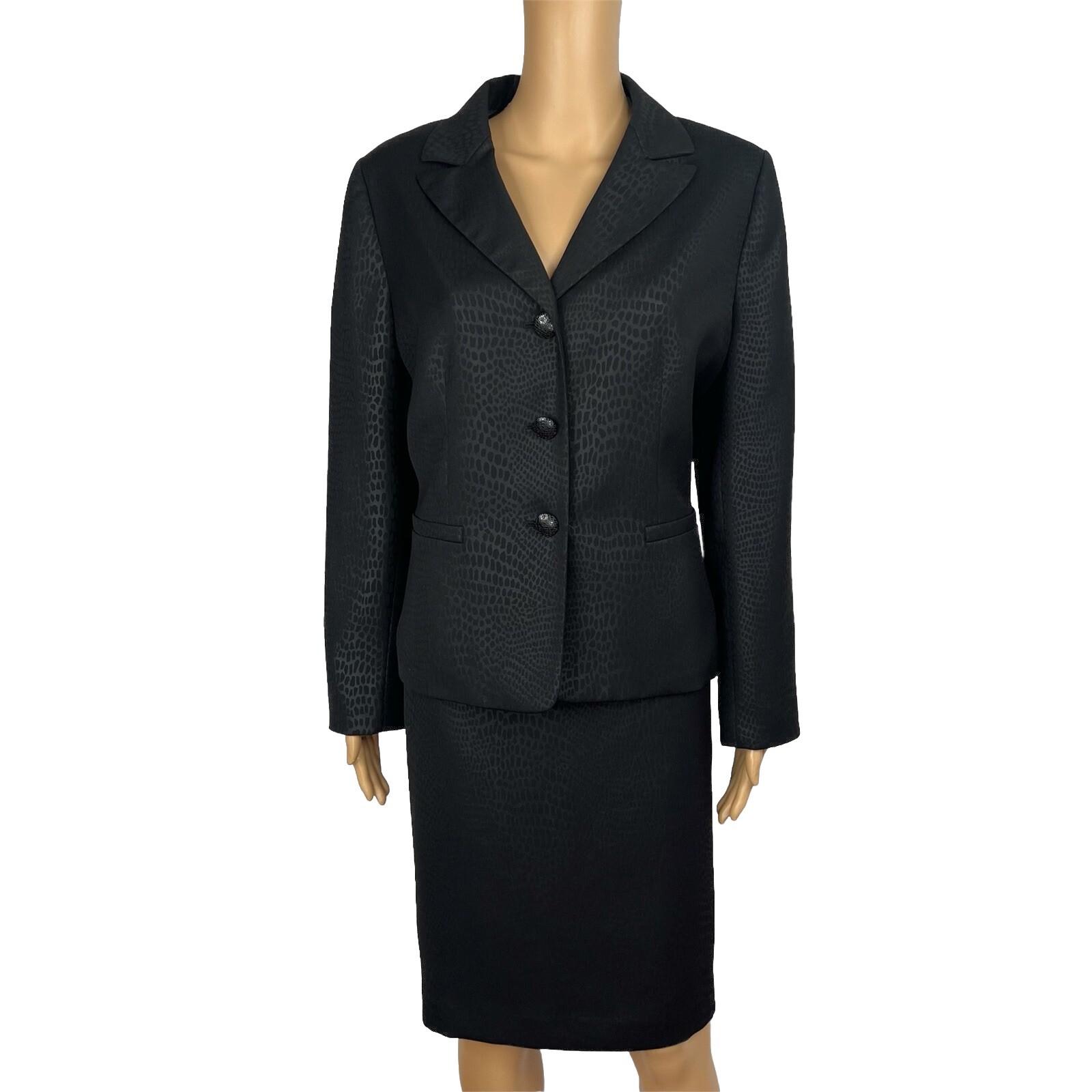 Suit Studio Women Polyester Skirt Suit Size 12P Black Notch Collar Lined 2PC