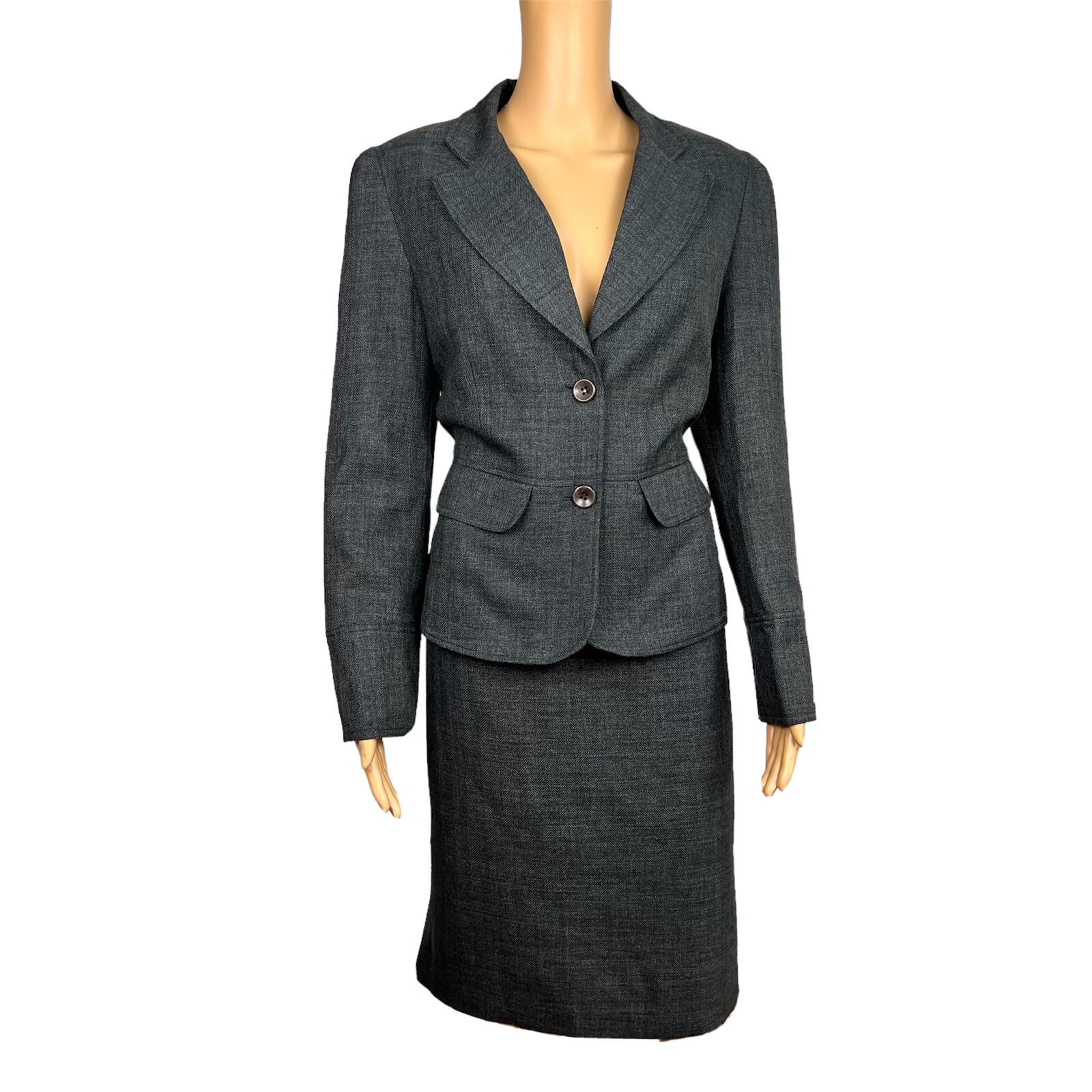 LARRY LEVINE Women 2PC Gray Polyester  Lined Notch Collar Skirt Suit Size 10