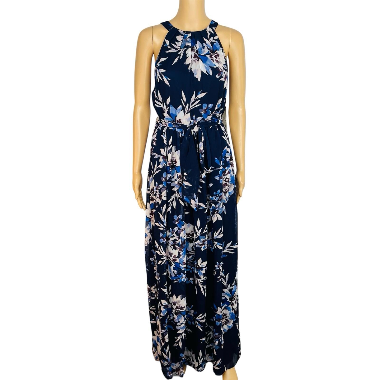New Eliza J maxi halter dress 8 Mother of the bride chiffon navy floral belted