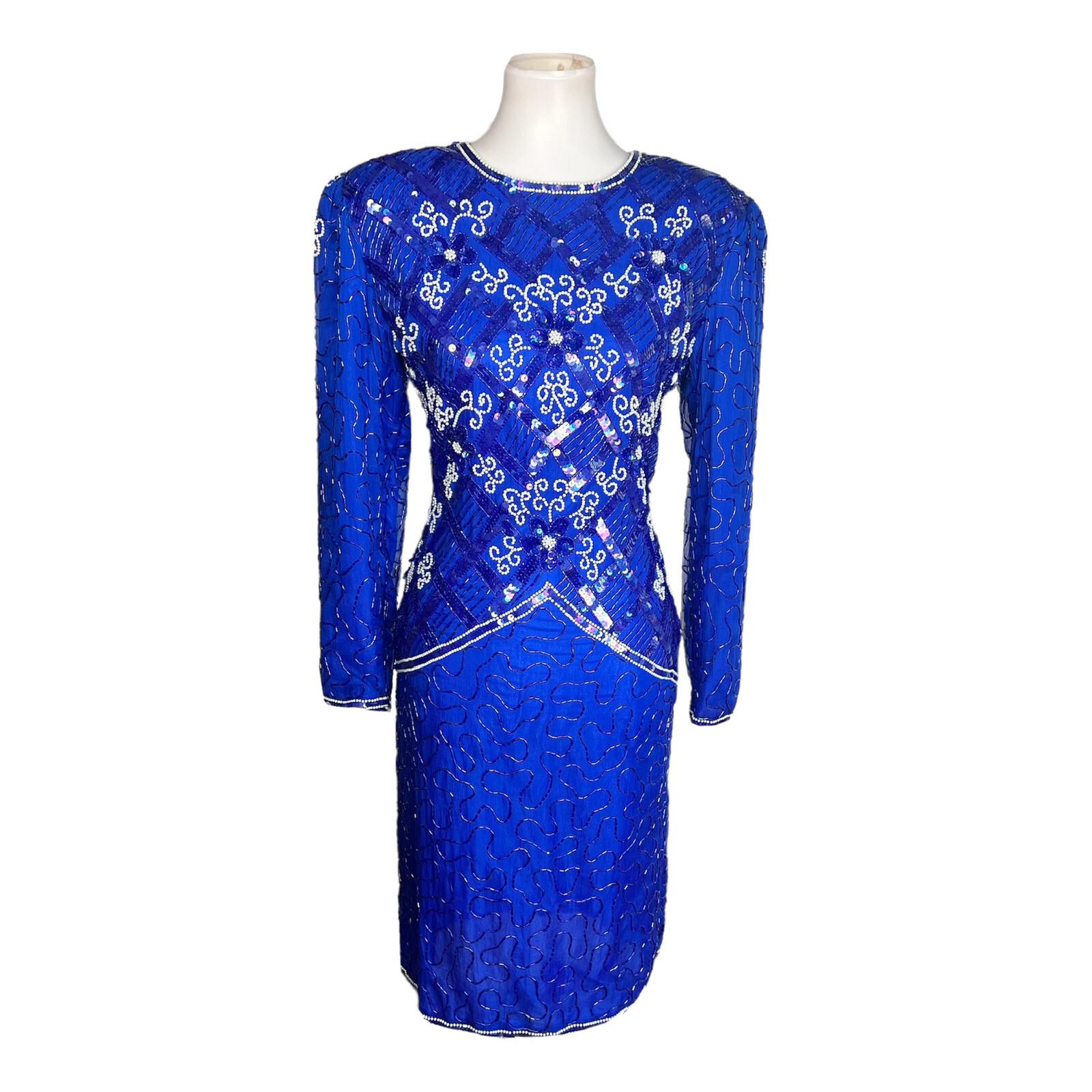 JMC Blue Beaded Sequin Natural Silk Open Back Formal Party Dress Size S (6-8)