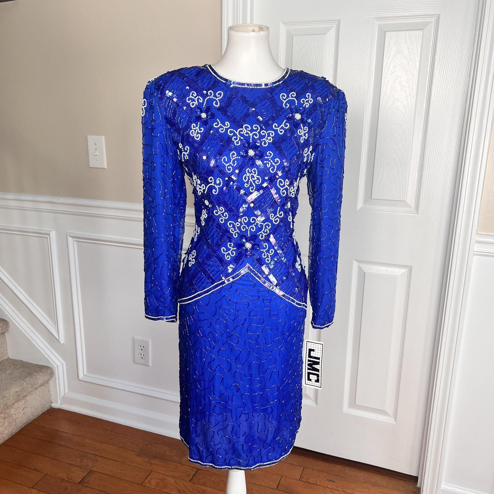 JMC Blue Beaded Sequin Natural Silk Open Back Formal Party Dress Size S (6-8)