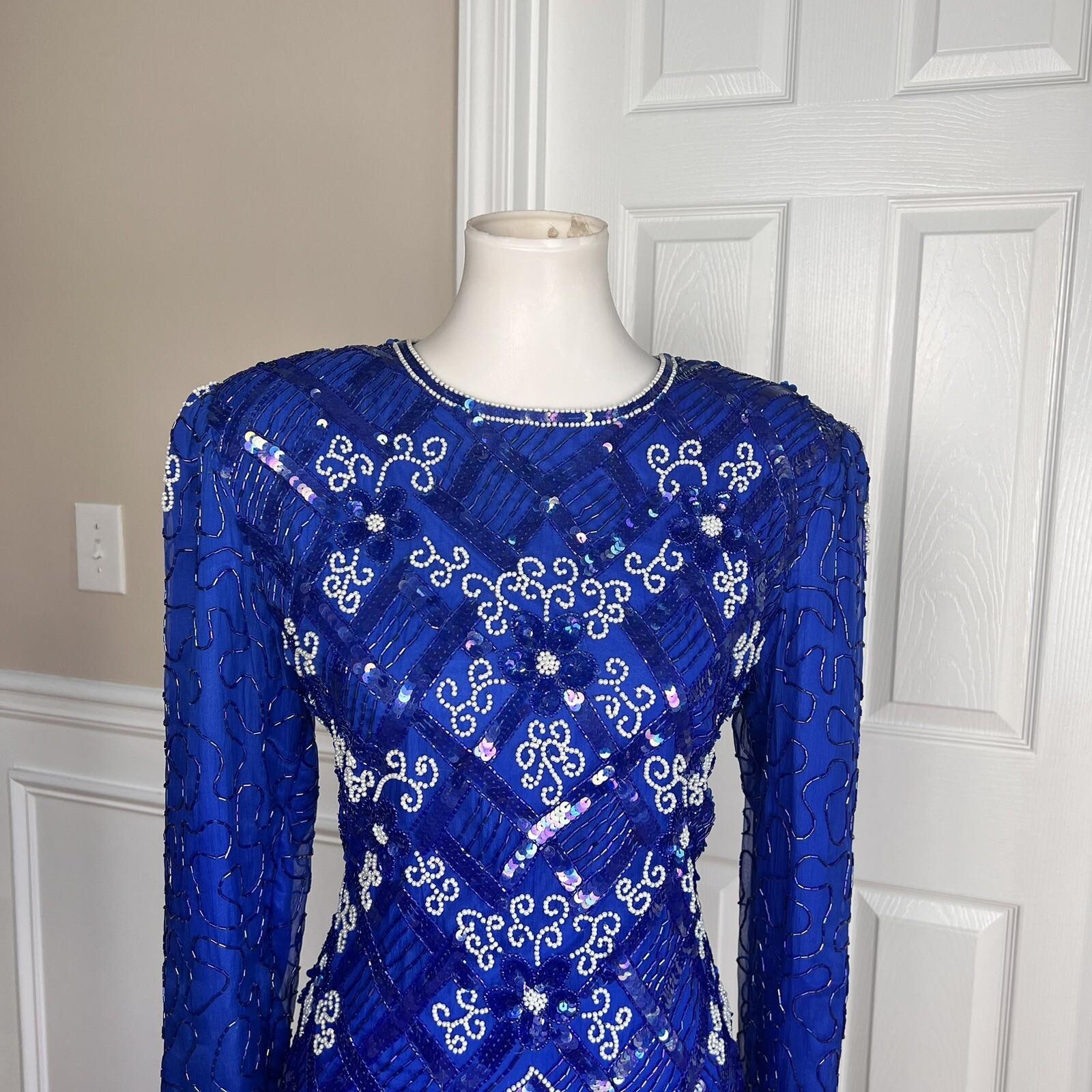 JMC Blue Beaded Sequin Natural Silk Open Back Formal Party Dress Size S (6-8)