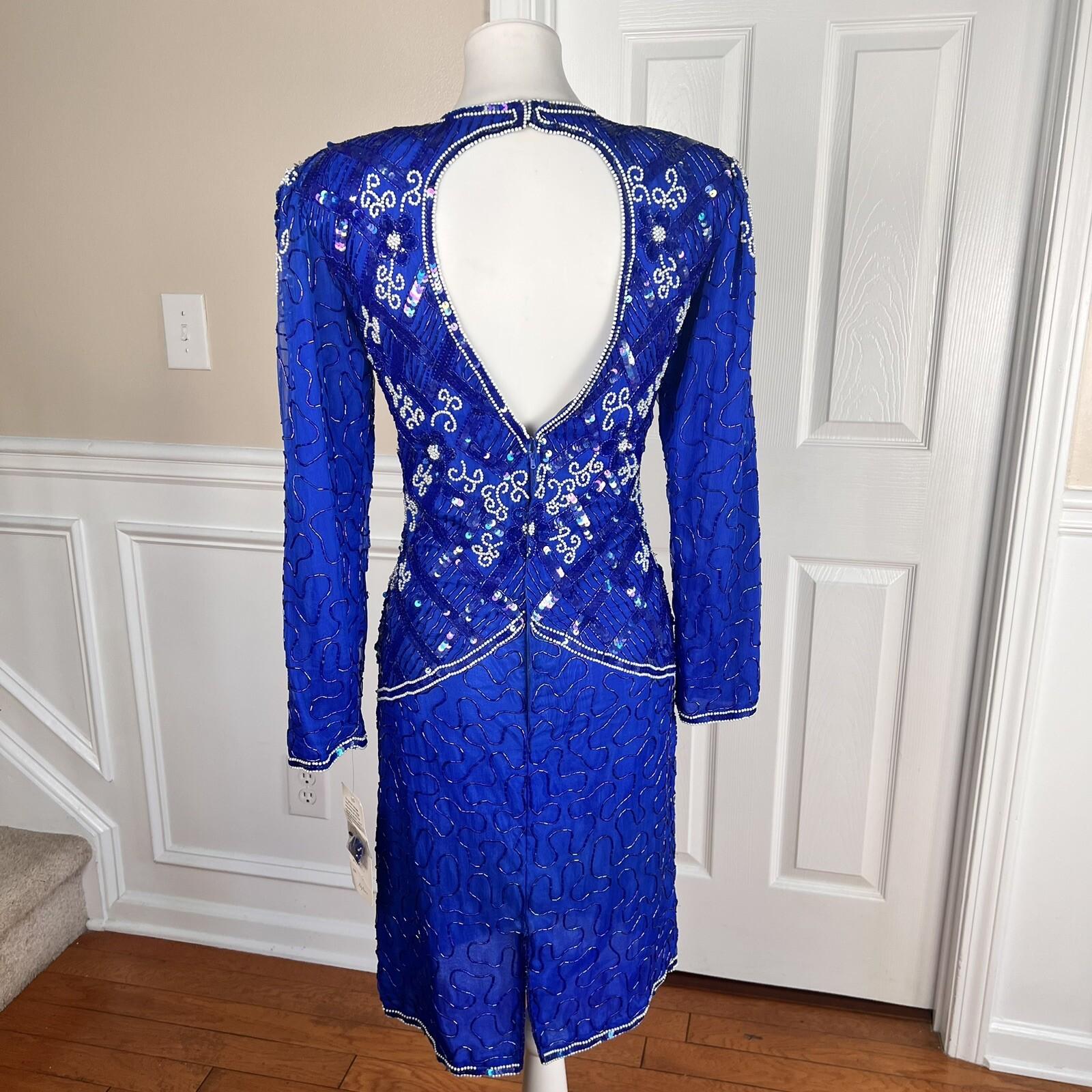 JMC Blue Beaded Sequin Natural Silk Open Back Formal Party Dress Size S (6-8)