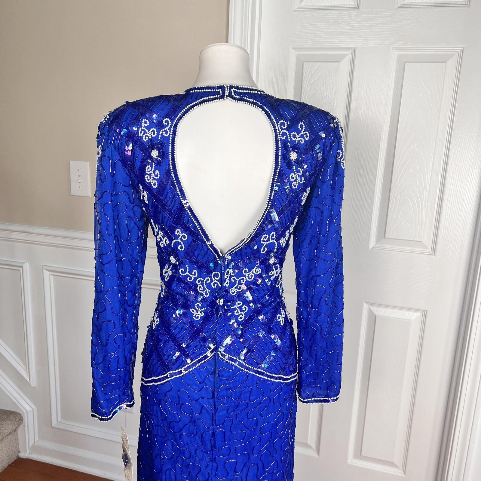 JMC Blue Beaded Sequin Natural Silk Open Back Formal Party Dress Size S (6-8)