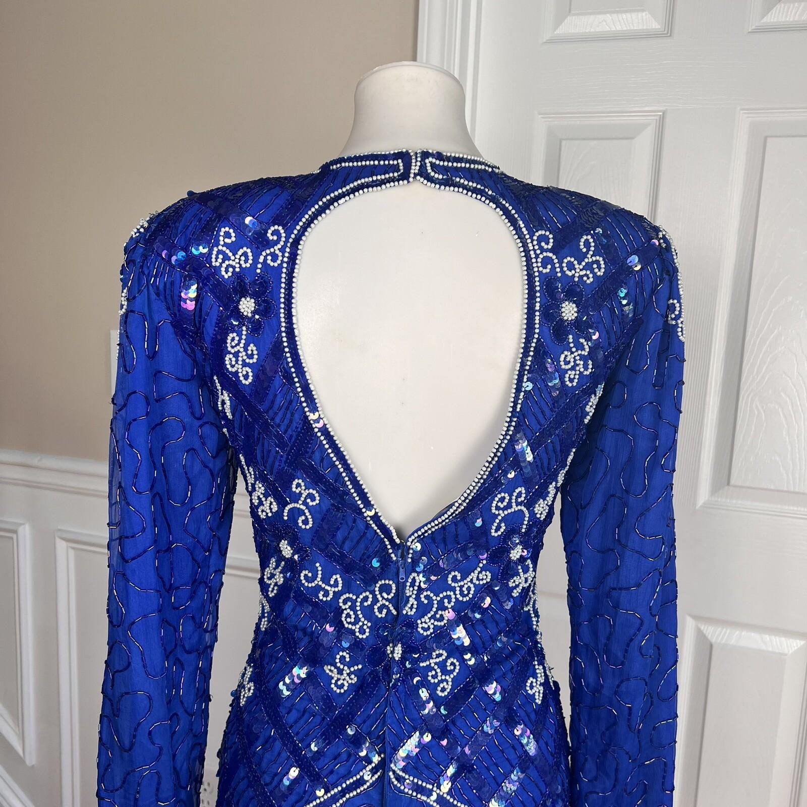 JMC Blue Beaded Sequin Natural Silk Open Back Formal Party Dress Size S (6-8)