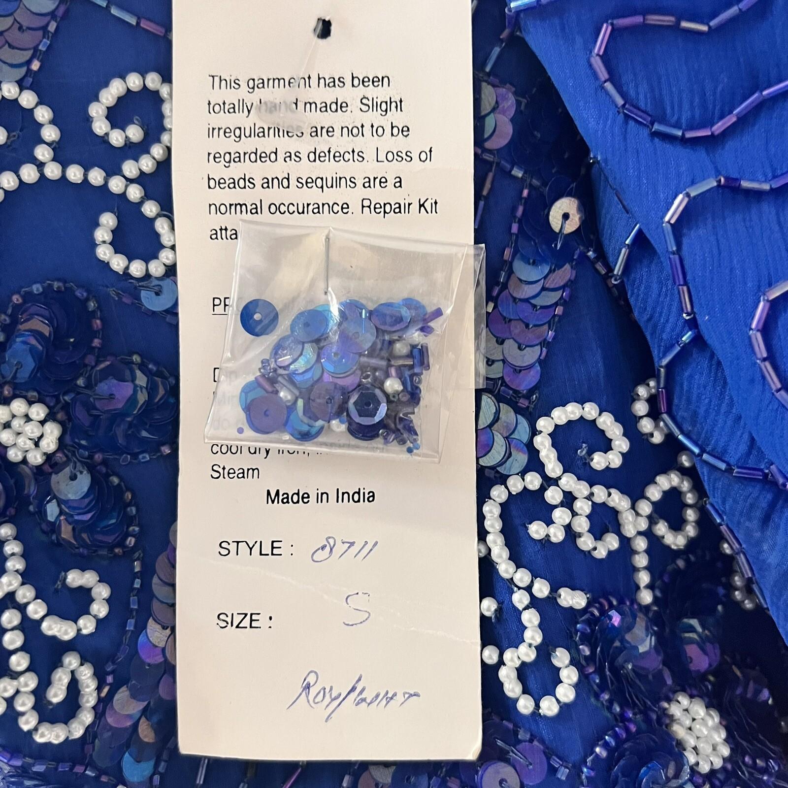 JMC Blue Beaded Sequin Natural Silk Open Back Formal Party Dress Size S (6-8)