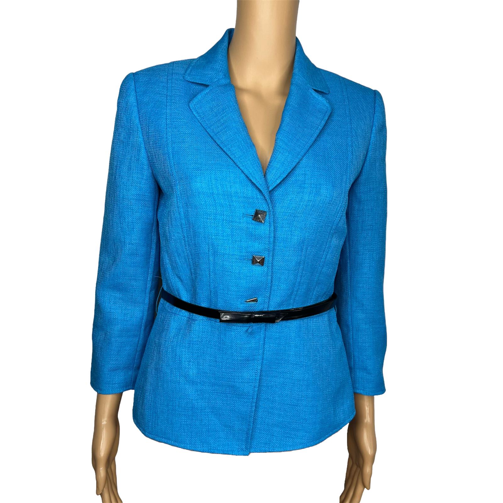 TAHARI Women Polyester Blazer Size 4 Single Breasted Blue Lined Belted