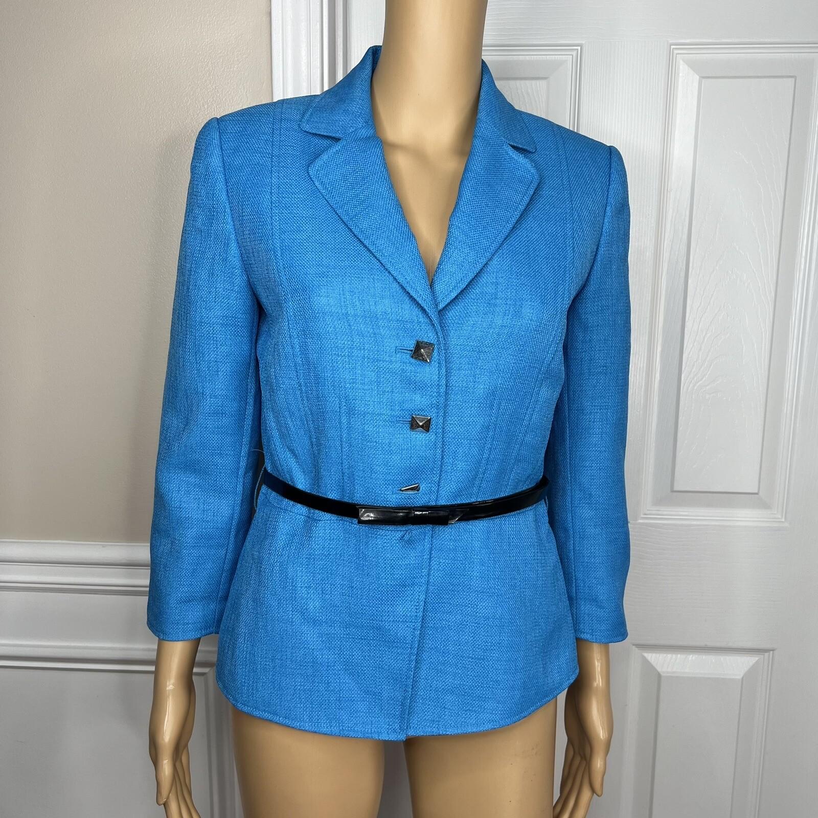 TAHARI Women Polyester Blazer Size 4 Single Breasted Blue Lined Belted