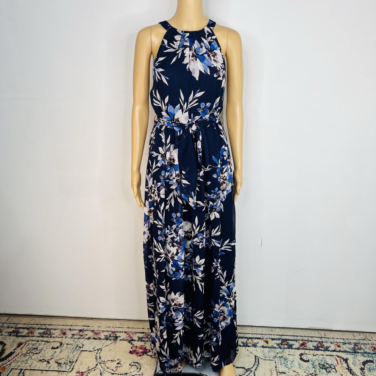 New Eliza J maxi halter dress 8 Mother of the bride chiffon navy floral belted