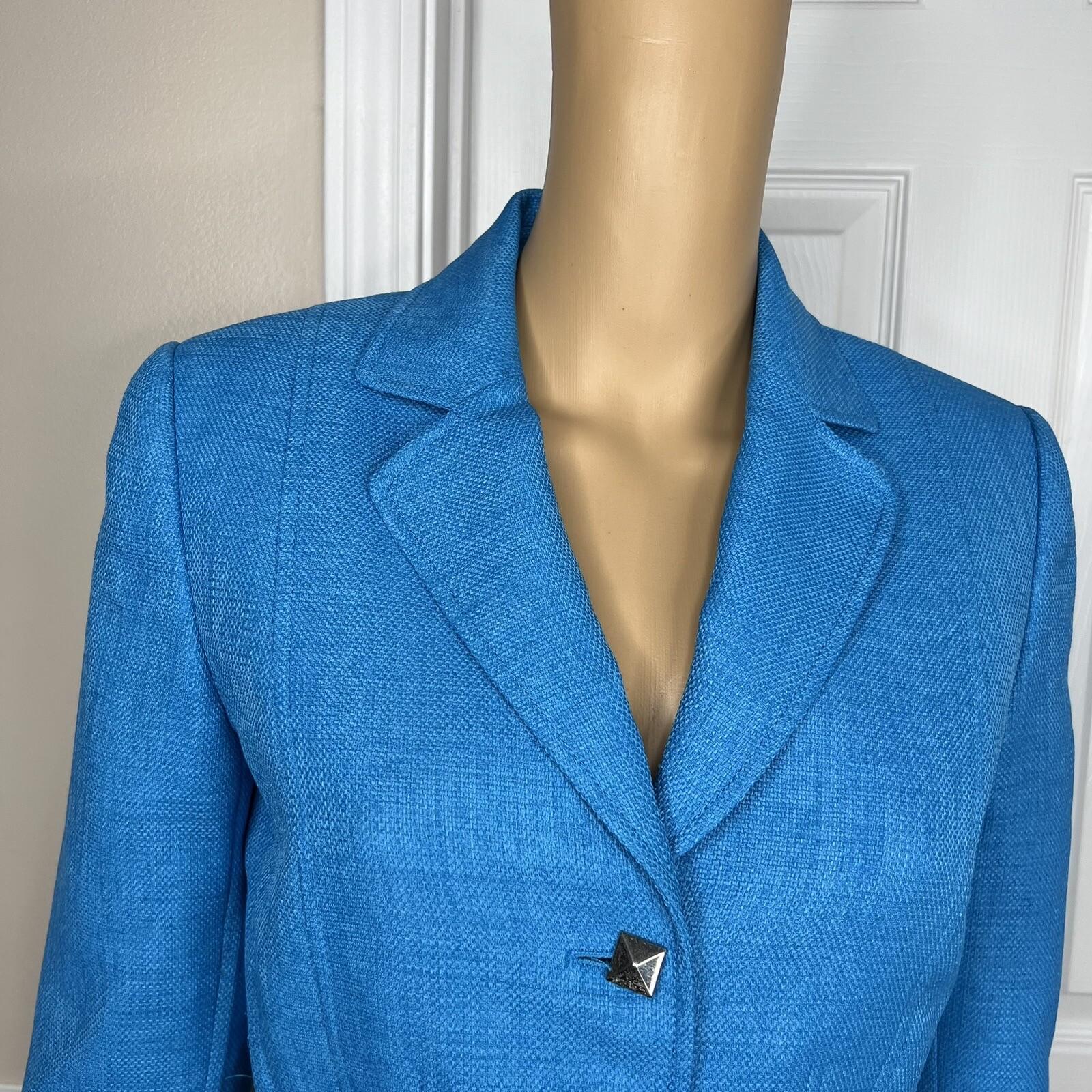 TAHARI Women Polyester Blazer Size 4 Single Breasted Blue Lined Belted