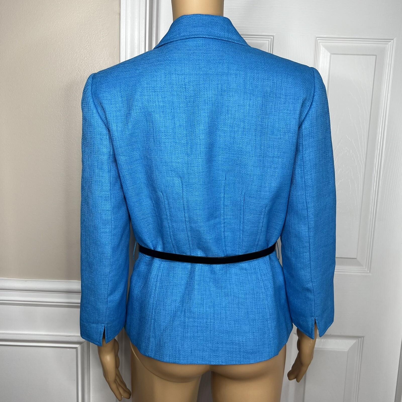 TAHARI Women Polyester Blazer Size 4 Single Breasted Blue Lined Belted