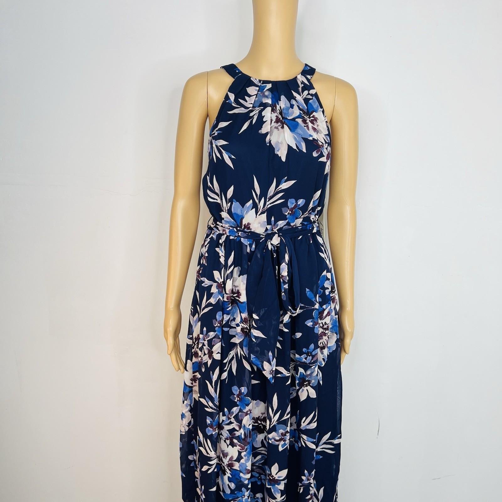 New Eliza J maxi halter dress 8 Mother of the bride chiffon navy floral belted
