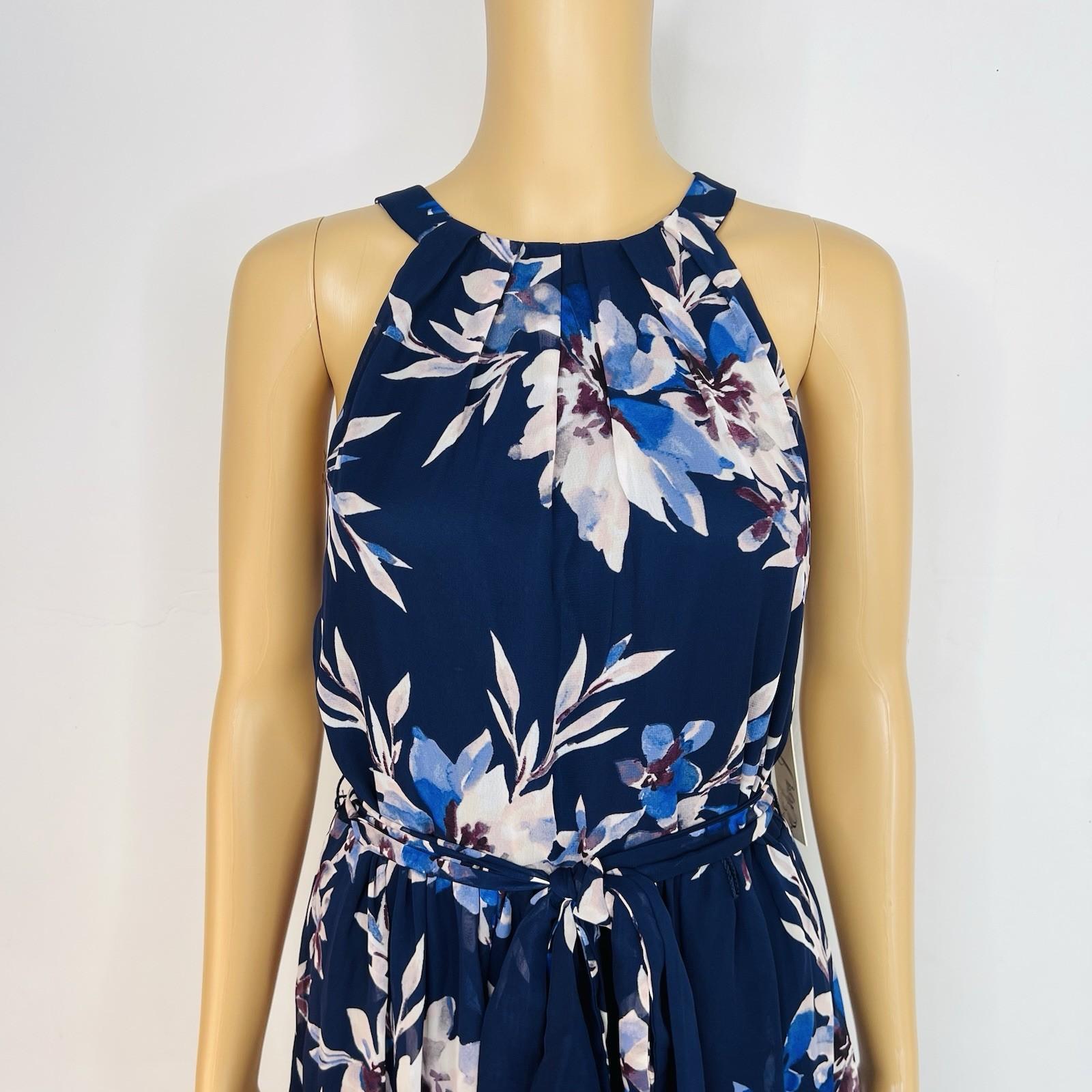 New Eliza J maxi halter dress 8 Mother of the bride chiffon navy floral belted
