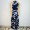 New Eliza J maxi halter dress 8 Mother of the bride chiffon navy floral belted