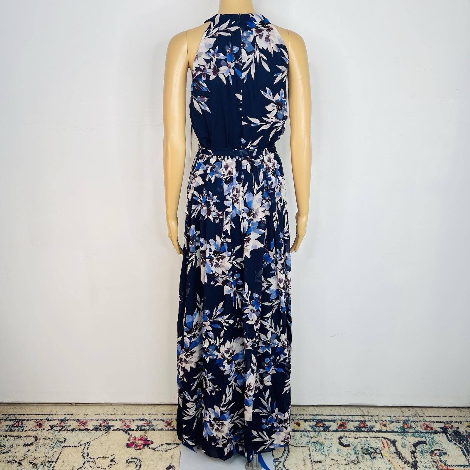 New Eliza J maxi halter dress 8 Mother of the bride chiffon navy floral belted