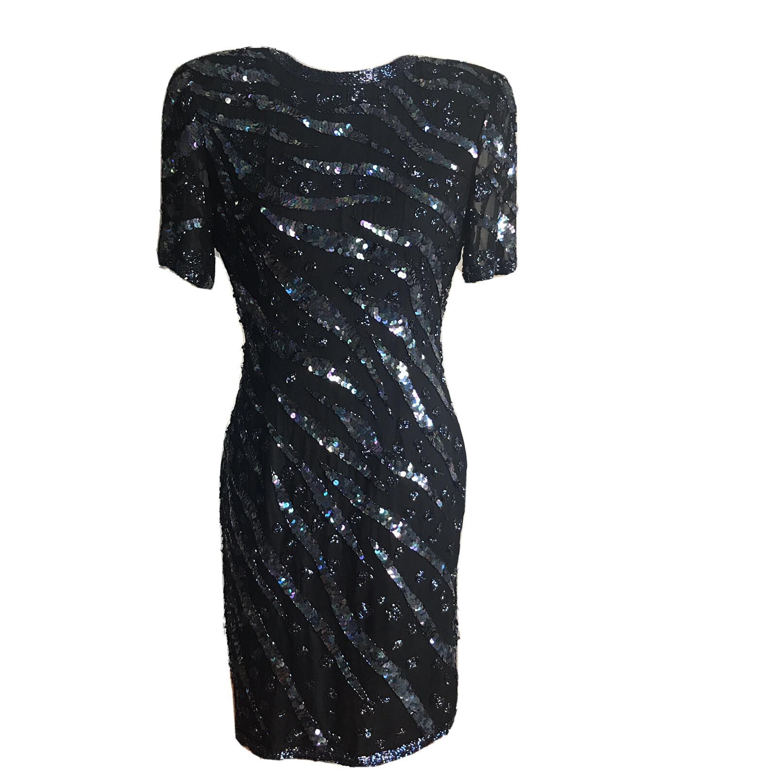 Katryn Conover Women Dress Size 10 Black Short Sleeves Beaded Sequin Lined