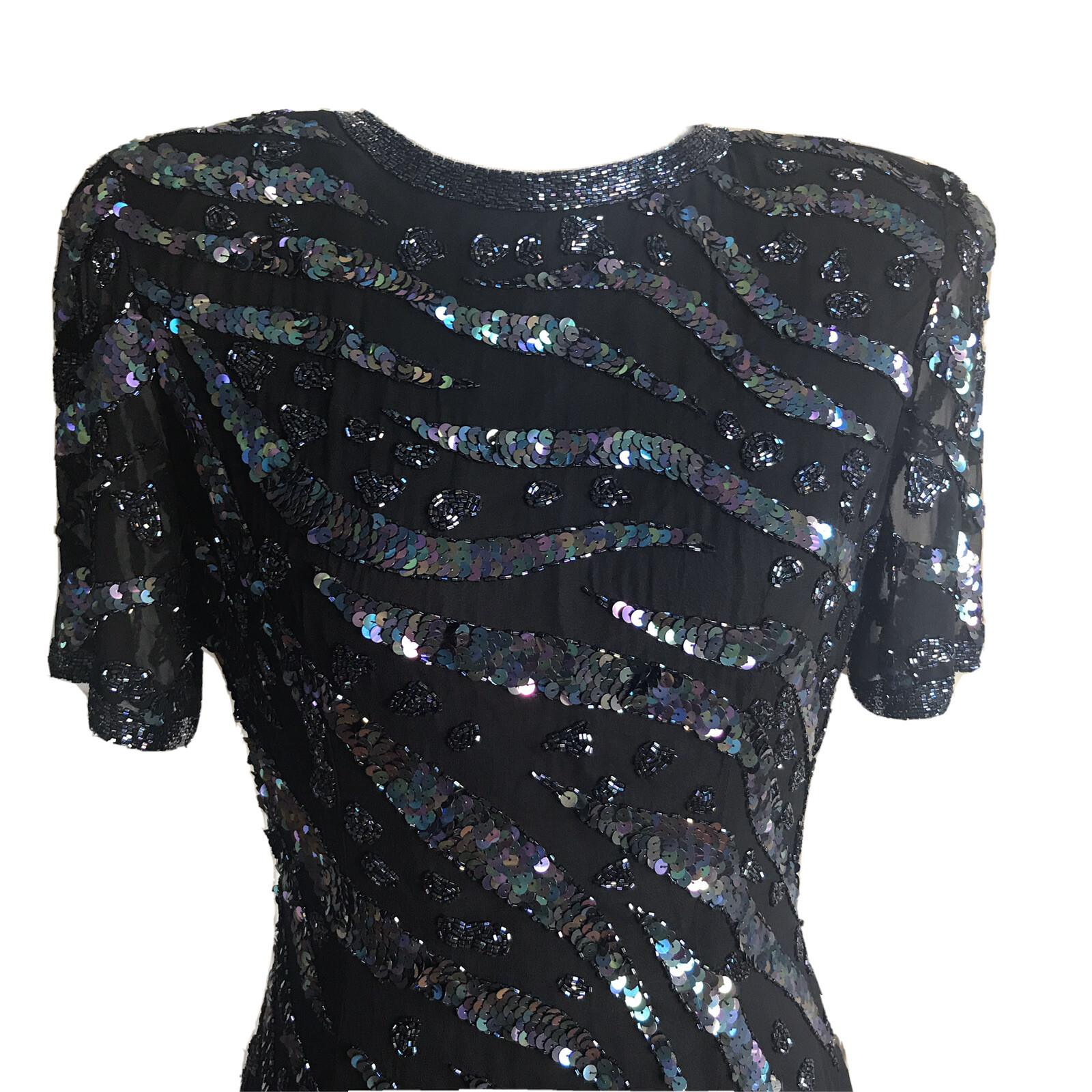 Katryn Conover Women Dress Size 10 Black Short Sleeves Beaded Sequin Lined