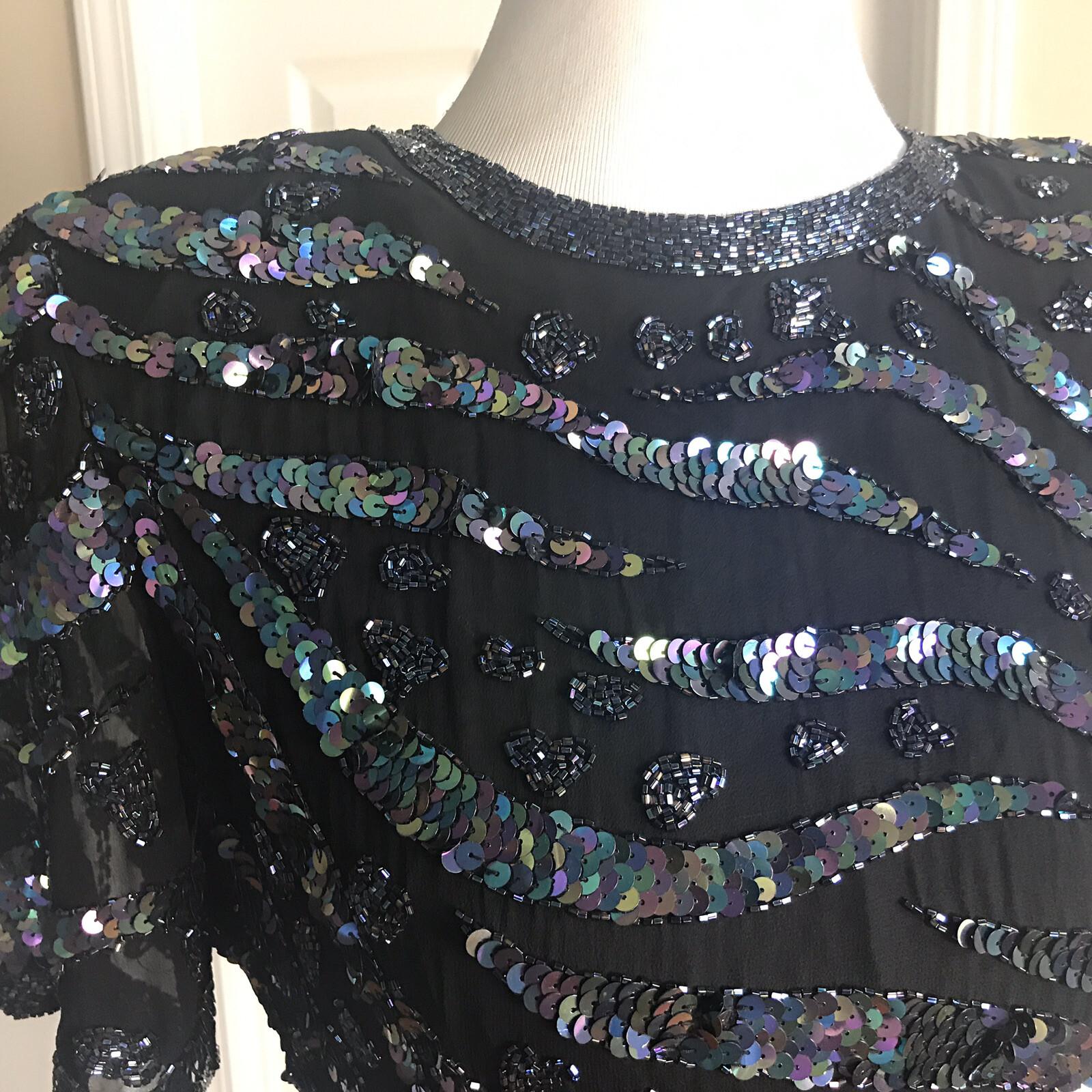 Katryn Conover Women Dress Size 10 Black Short Sleeves Beaded Sequin Lined