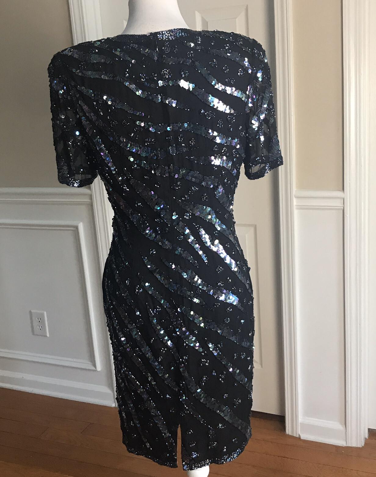 Katryn Conover Women Dress Size 10 Black Short Sleeves Beaded Sequin Lined