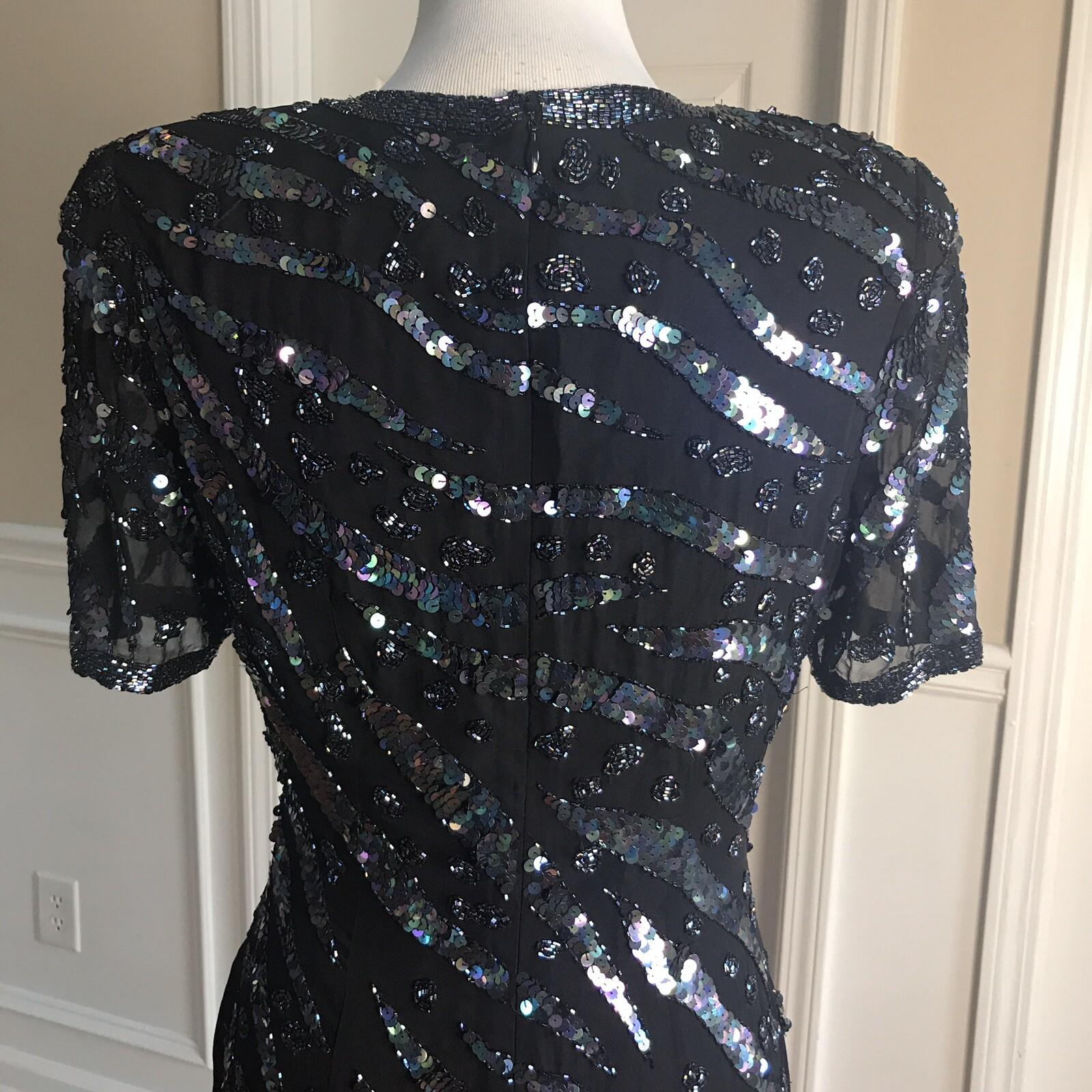 Katryn Conover Women Dress Size 10 Black Short Sleeves Beaded Sequin Lined