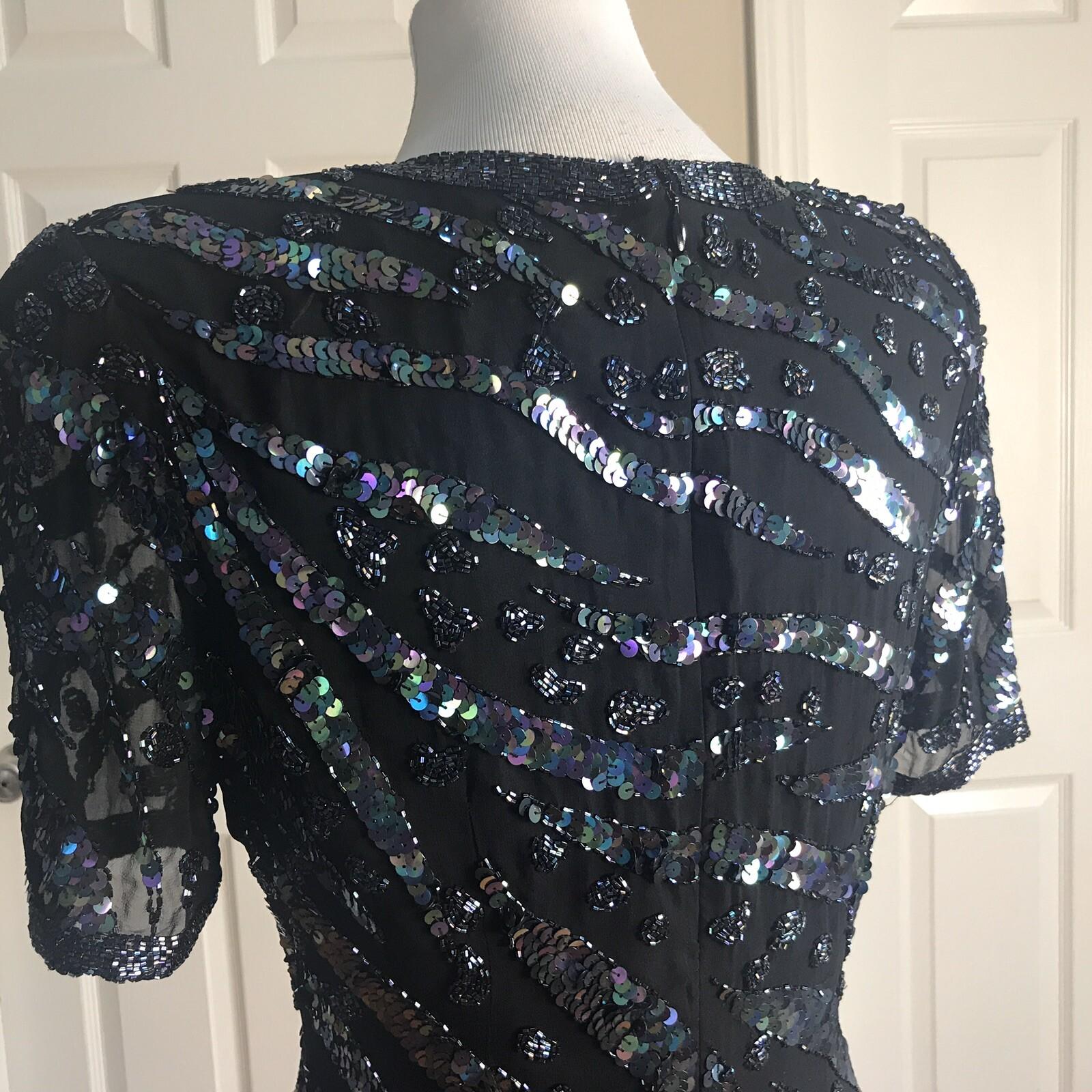 Katryn Conover Women Dress Size 10 Black Short Sleeves Beaded Sequin Lined