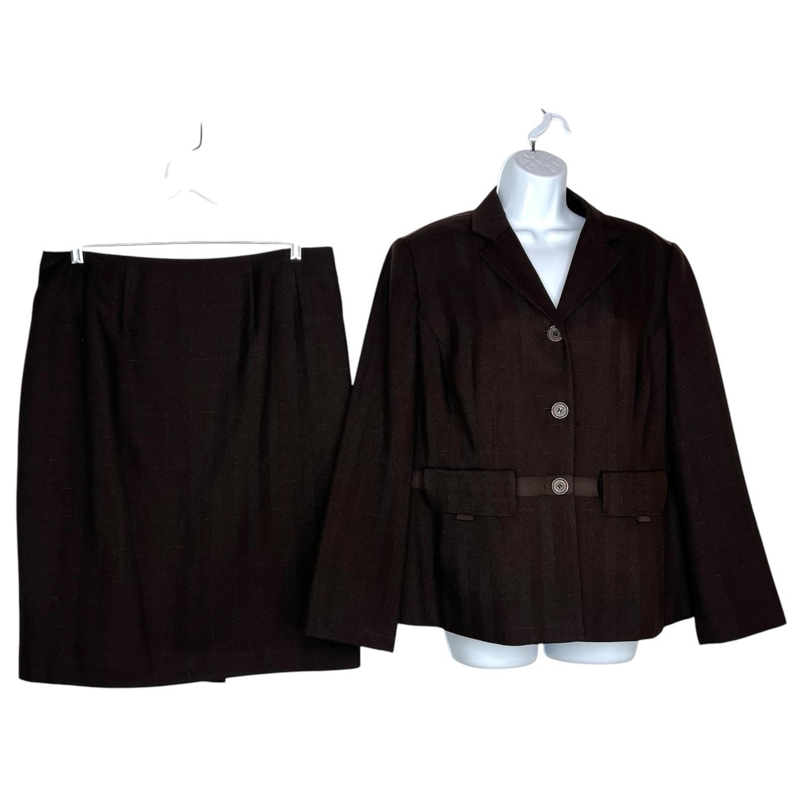 LARRY LEVINE Polyester Metallic Skirt Suit 14W Brown Notch Collar Career 2PC