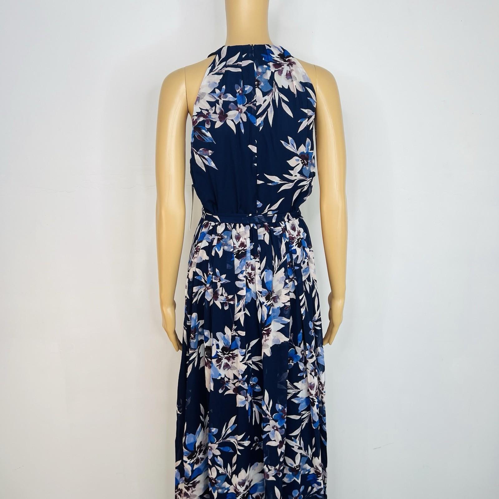 New Eliza J maxi halter dress 8 Mother of the bride chiffon navy floral belted
