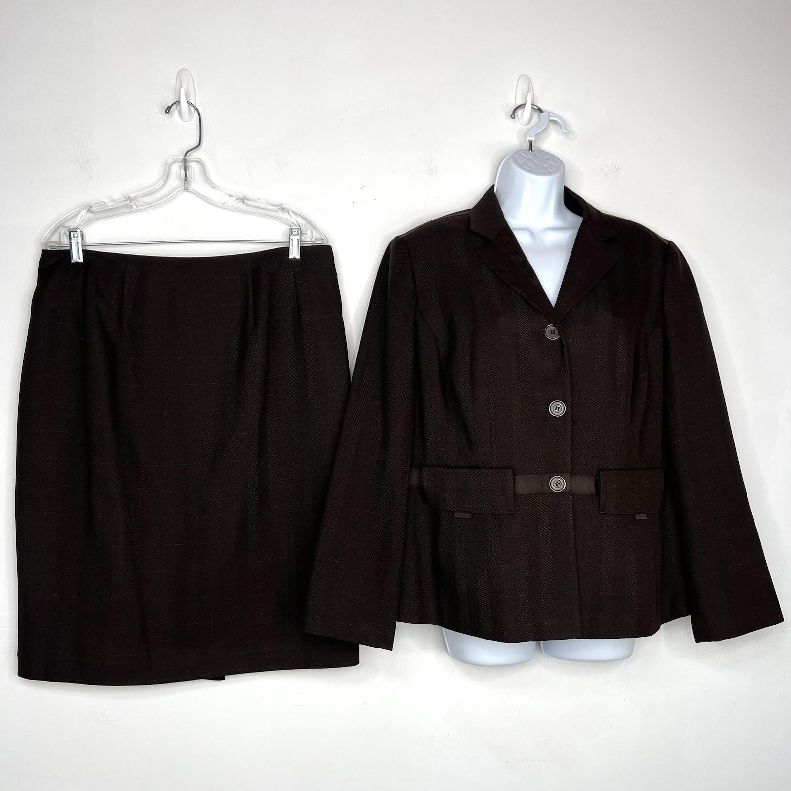 LARRY LEVINE Polyester Metallic Skirt Suit 14W Brown Notch Collar Career 2PC
