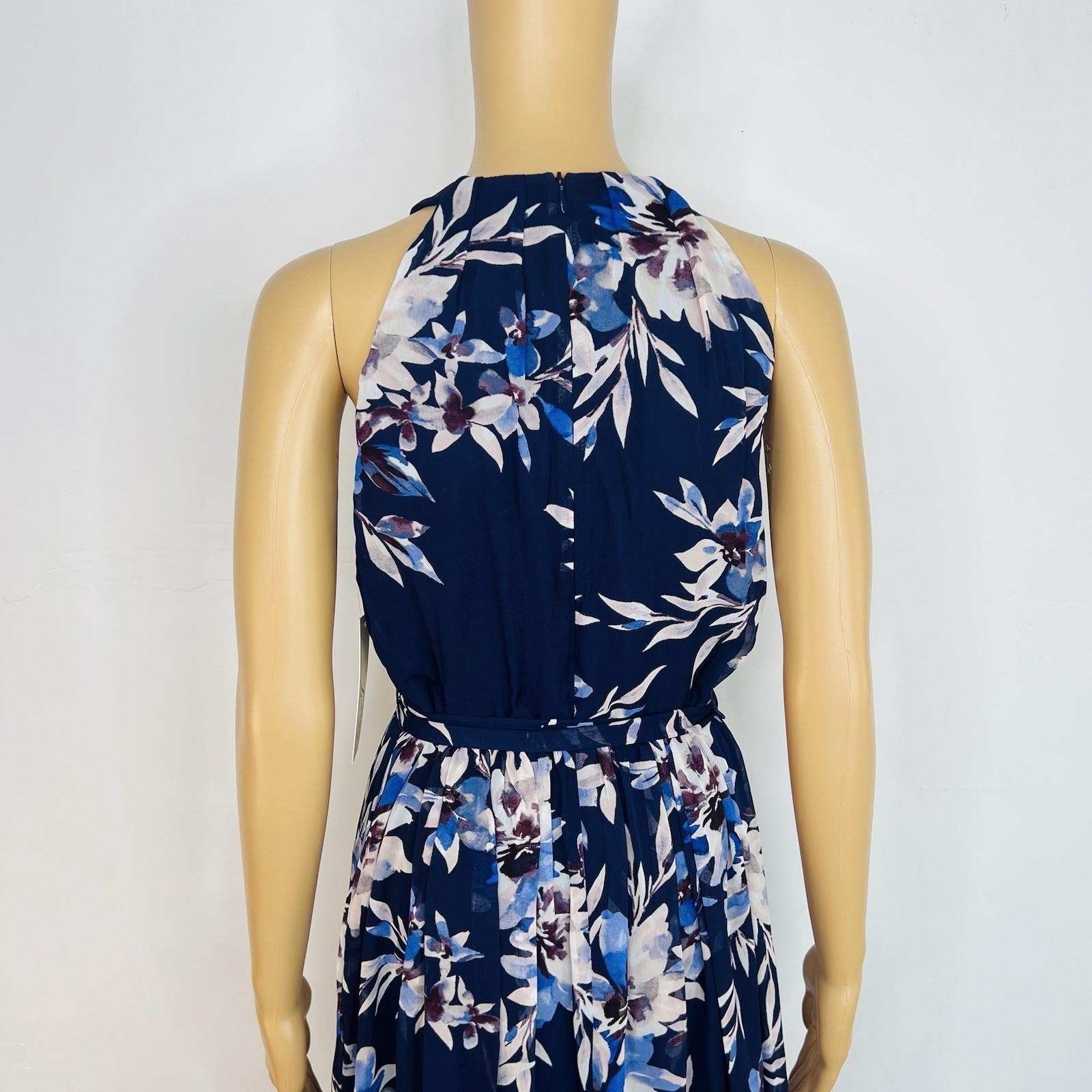 New Eliza J maxi halter dress 8 Mother of the bride chiffon navy floral belted