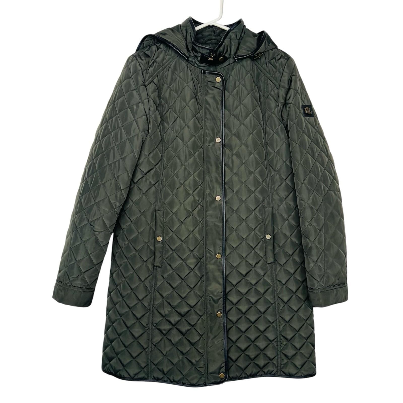 Lauren Ralph Lauren quilted hooded coat size M dark moss full zip Snap Logo