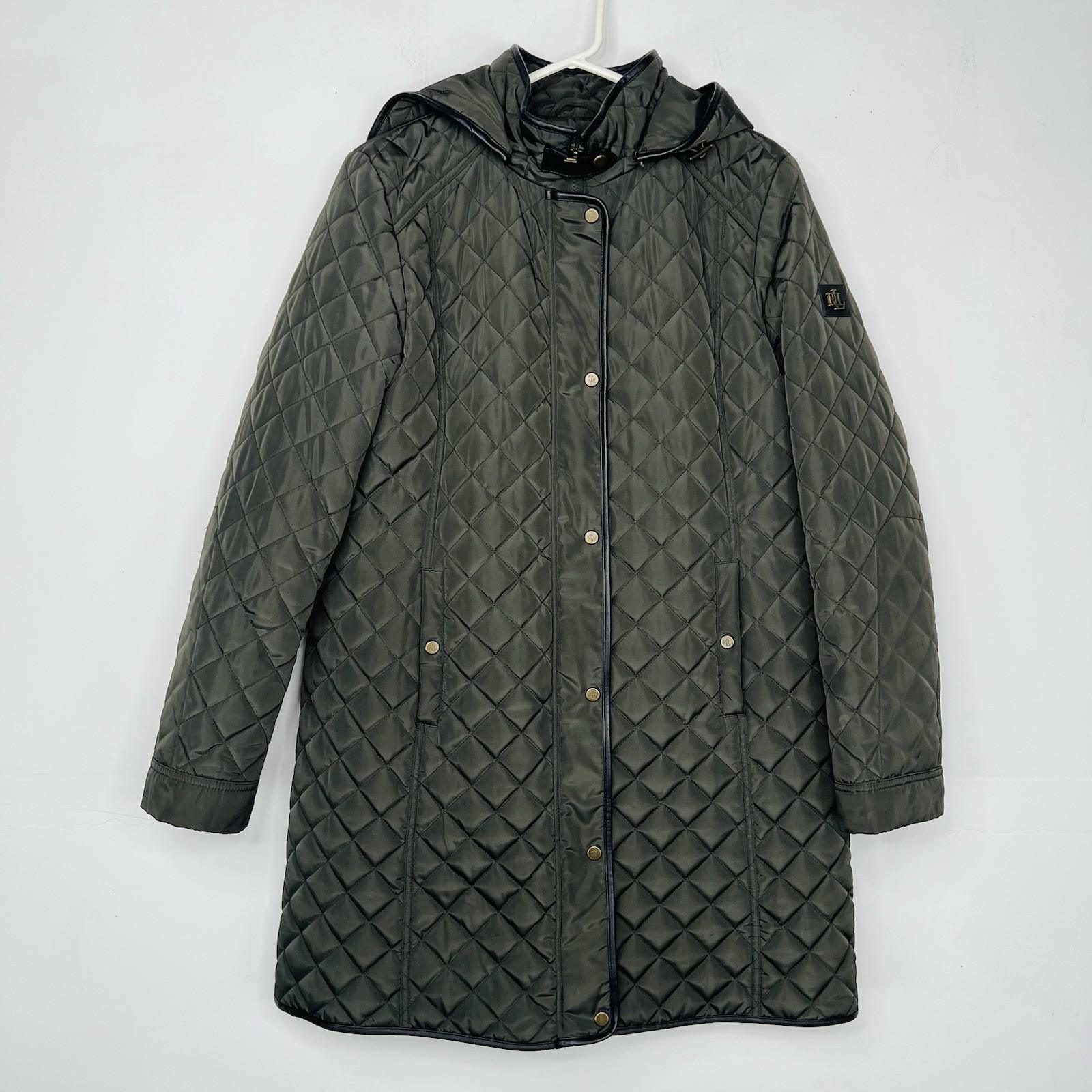 Lauren Ralph Lauren quilted hooded coat size M dark moss full zip Snap Logo