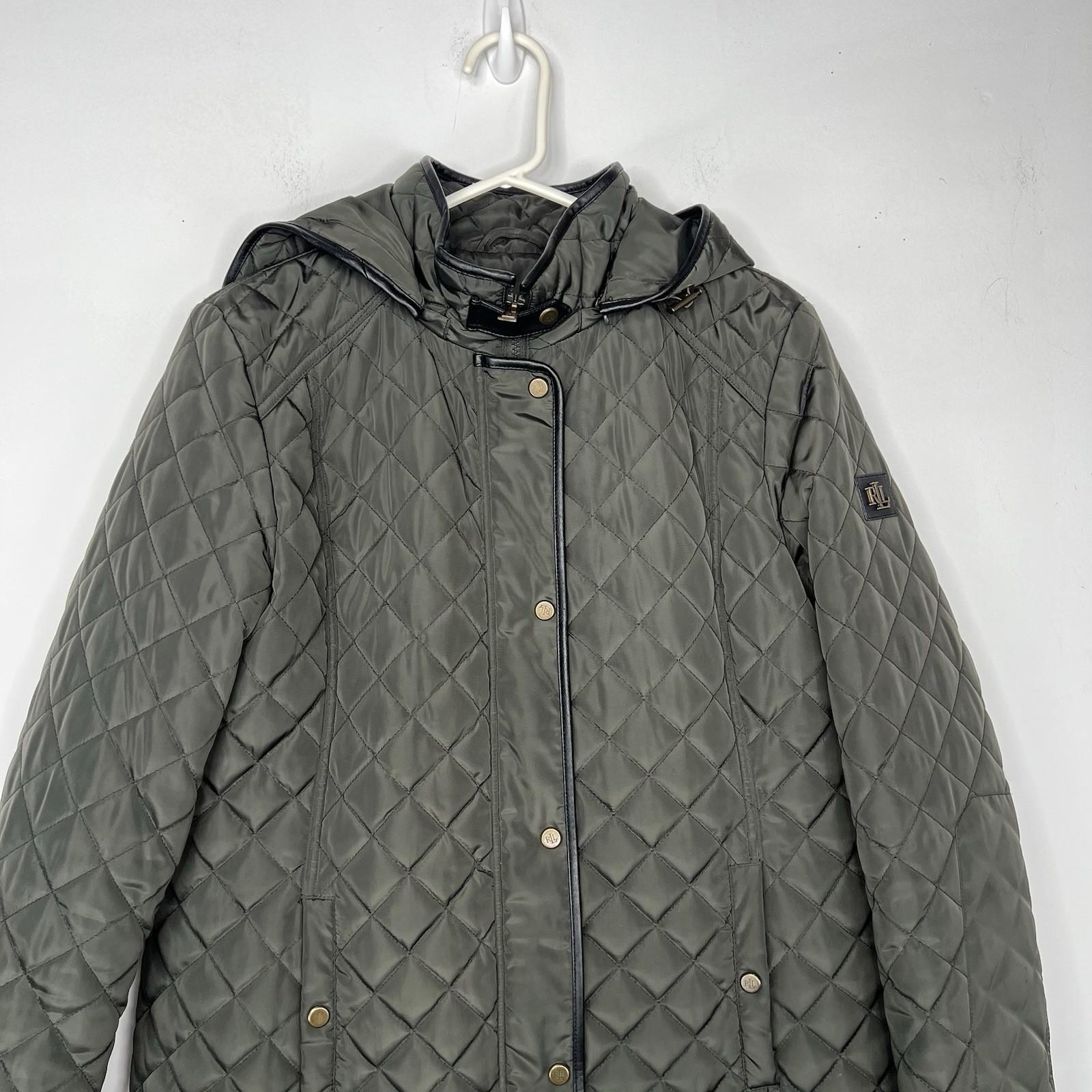 Lauren Ralph Lauren quilted hooded coat size M dark moss full zip Snap Logo