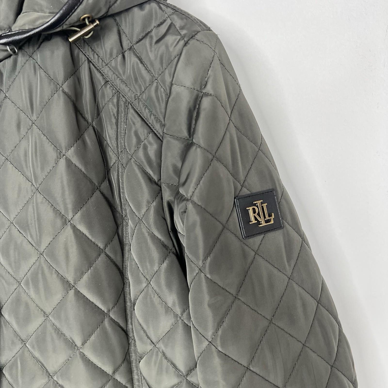 Lauren Ralph Lauren quilted hooded coat size M dark moss full zip Snap Logo