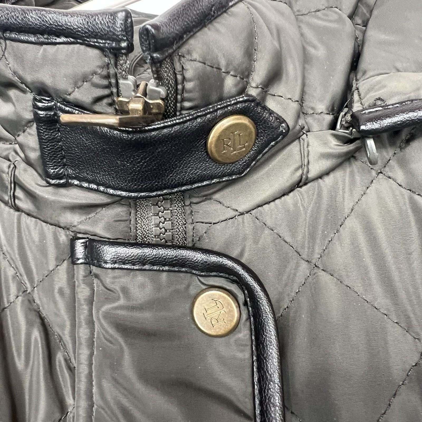 Lauren Ralph Lauren quilted hooded coat size M dark moss full zip Snap Logo
